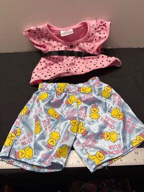 Build-A-Bear Pink Polka Dot Dress With Black Bow & "Chicks Rule" Blue Shorts Out